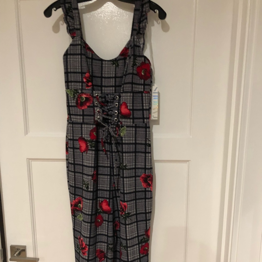 Almost Famous plaid and floral corset jumpsuit
